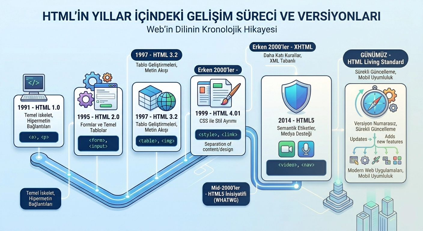 HTML'in yıllar içindeki gelişim süreci ve versiyonları